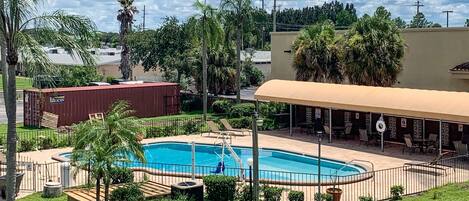 A swimming pool with a sun deck, surrounded by palm trees and a covered seating area.