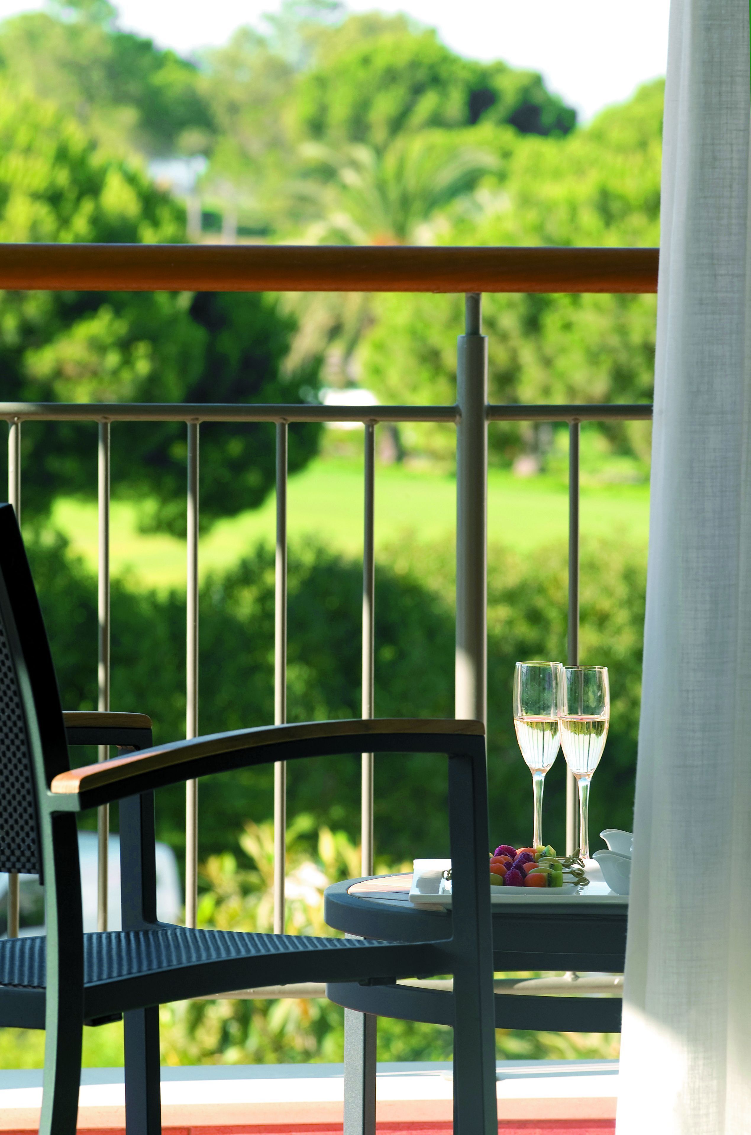 A balcony with a table set for two, featuring a plate of fruit and two glasses of wine, overlooking a lush green landscape.