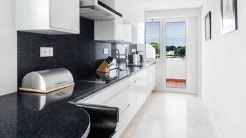 A modern kitchen with a curved countertop, stainless steel appliances, and a view to the outside.