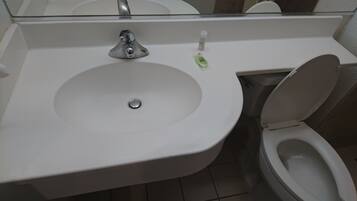 A bathroom with a white sink, a mirror above it, and a toilet.