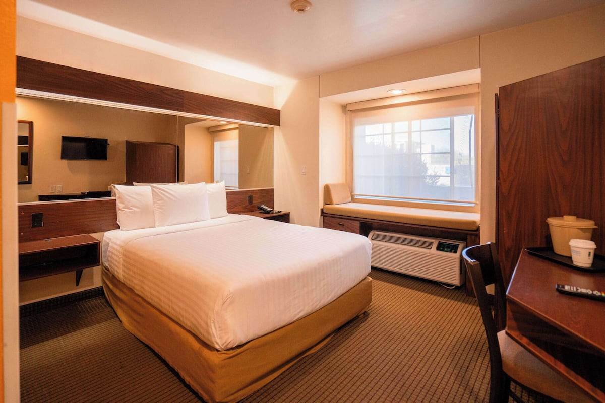 Habitación de hotel con una cama grande, un escritorio con silla, televisor, ventana y calefactor.