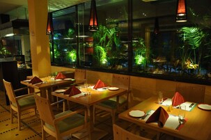 Breakfast, lunch, dinner served; international cuisine