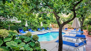 Seasonal outdoor pool, pool umbrellas, pool loungers