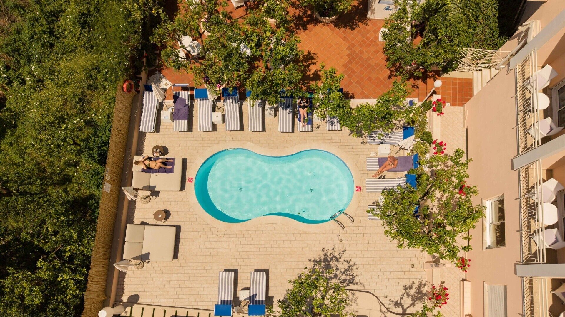 Une vue aérienne d’une piscine entourée de chaises longues et de parasols, avec une terrasse en briques et de la verdure.