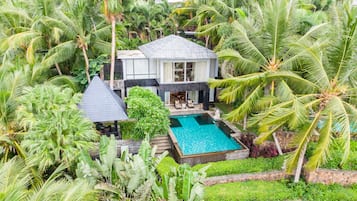 Une maison moderne à deux étages dotée d’une piscine, le tout entouré d’une végétation tropicale luxuriante.