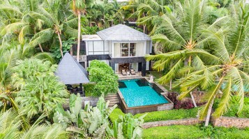 Una casa moderna de dos pisos con piscina rodeada de exuberante vegetación tropical.
