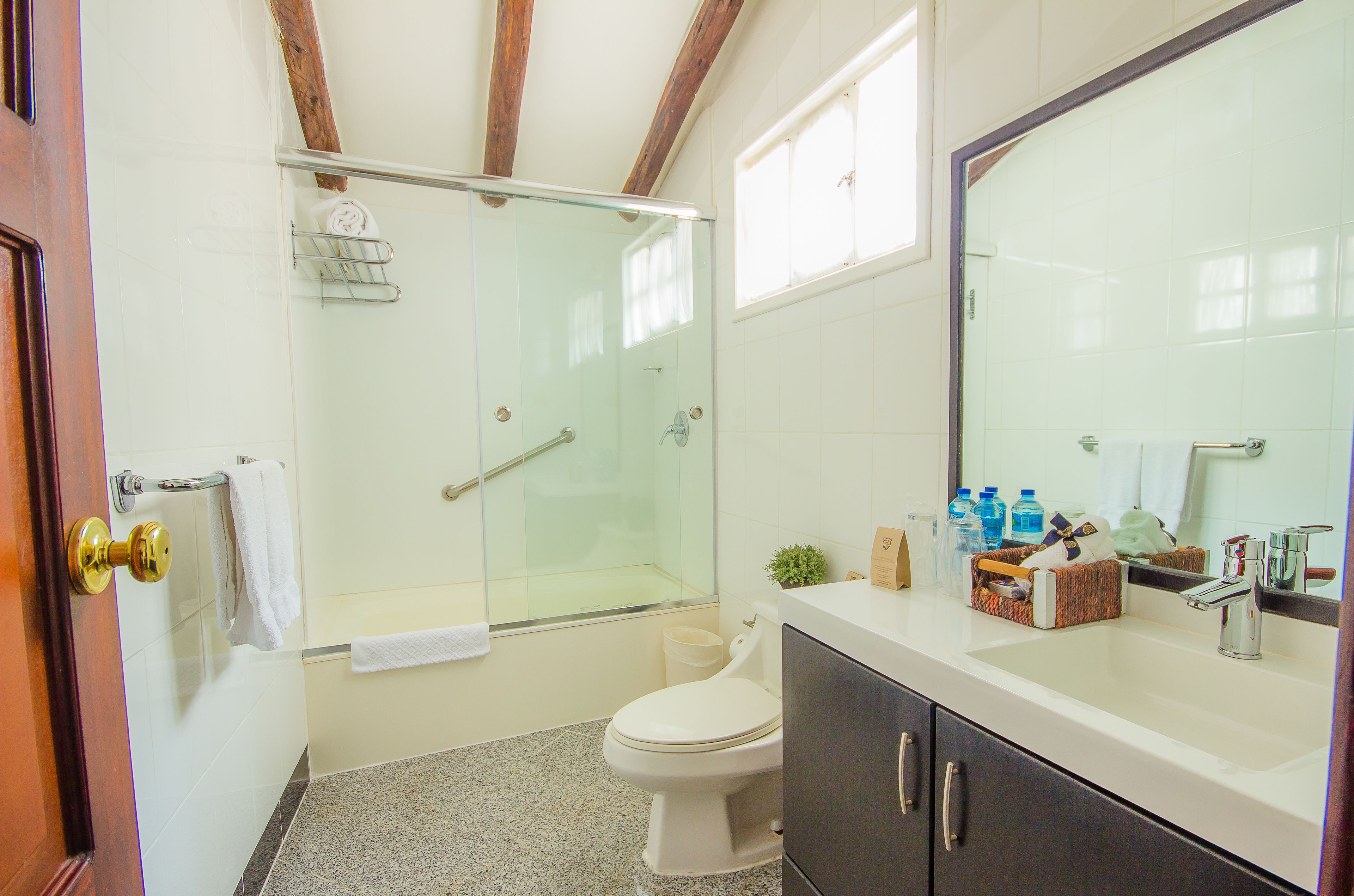 A modern bathroom with a glass shower enclosure, a white toilet, and a vanity with a large mirror.