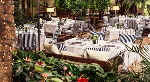 Un área de comedor interior con sillas y mesas a rayas, rodeada de follaje e iluminación de luces colgantes.