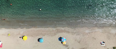 Vista aérea de una playa con aguas cristalinas, gente y sombrillas.