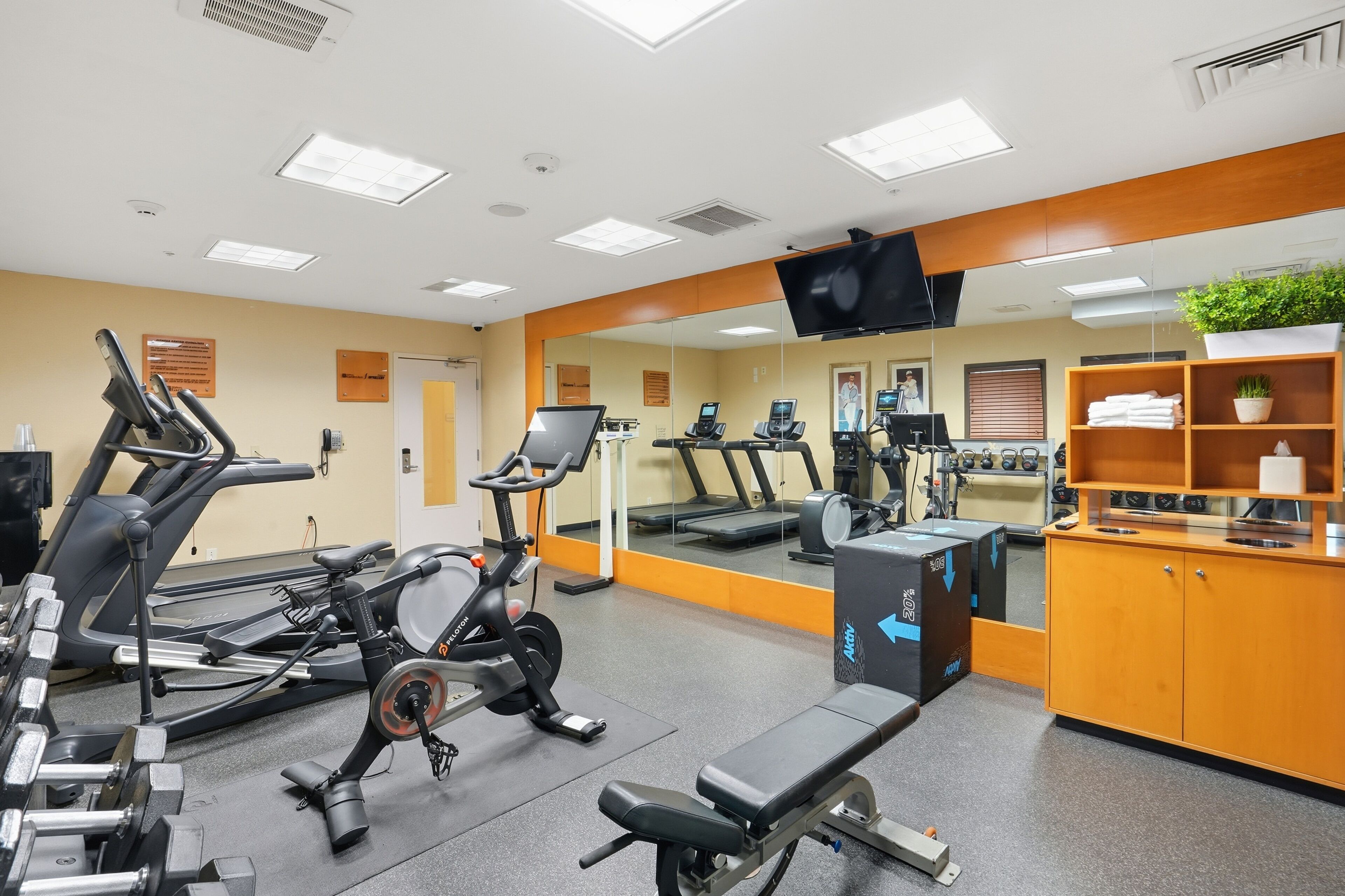 Une salle de sport équipée de tapis de course, d’un appareil elliptique, d’un banc de musculation et d’un mur avec des miroirs.