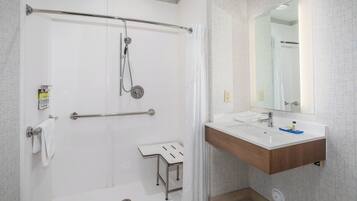 A modern bathroom with a walk-in shower, a vanity with a mirror, and a toilet.