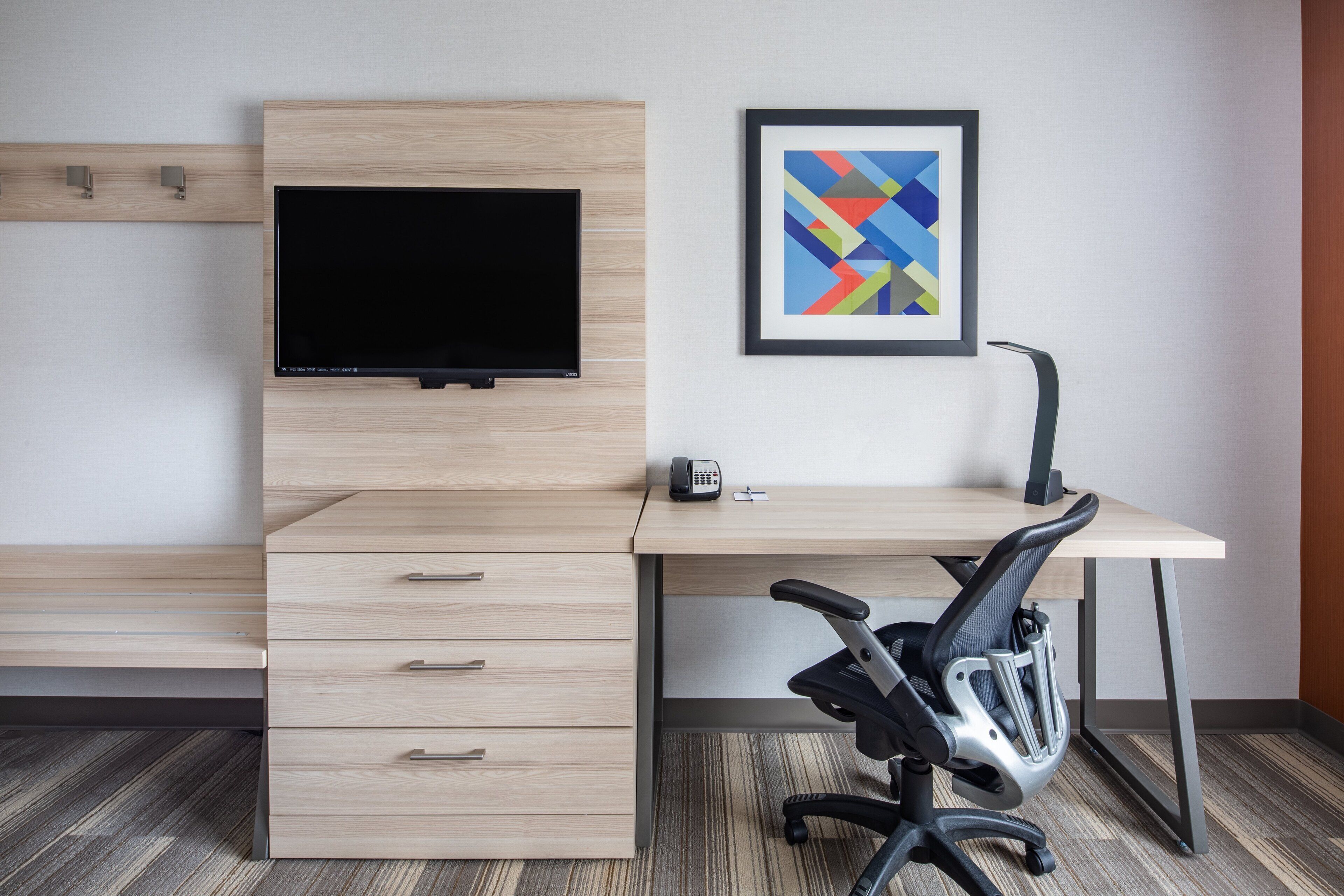 Desk, laptop workspace, blackout curtains, iron/ironing board