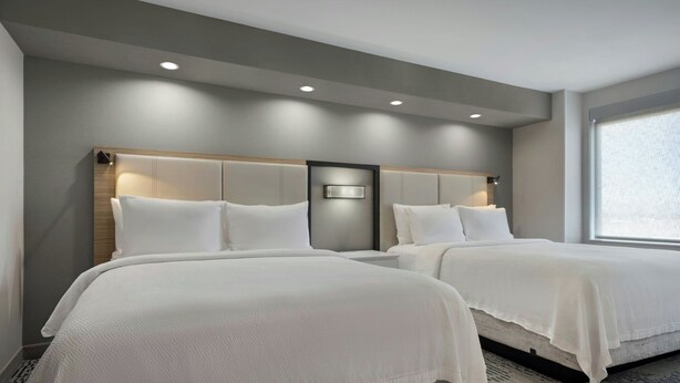 A hotel room with two beds, a large window, and a modern design.
