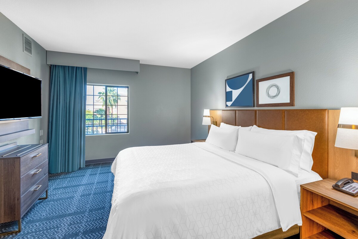 A hotel room with a large bed, a TV, a desk with a lamp, and a window with curtains.