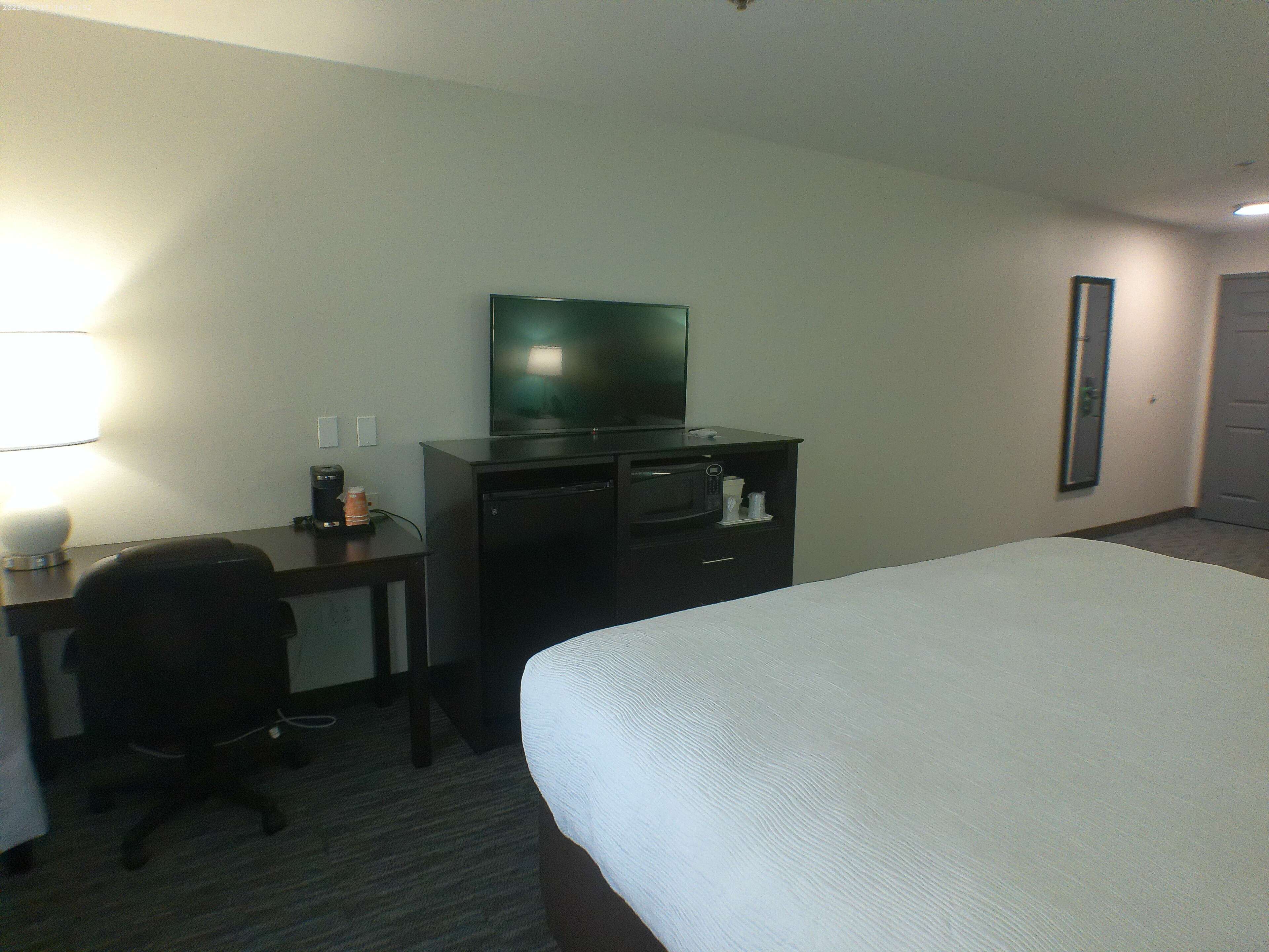 Una habitación de hotel con una cama, un escritorio con televisor, microondas y cafetera.