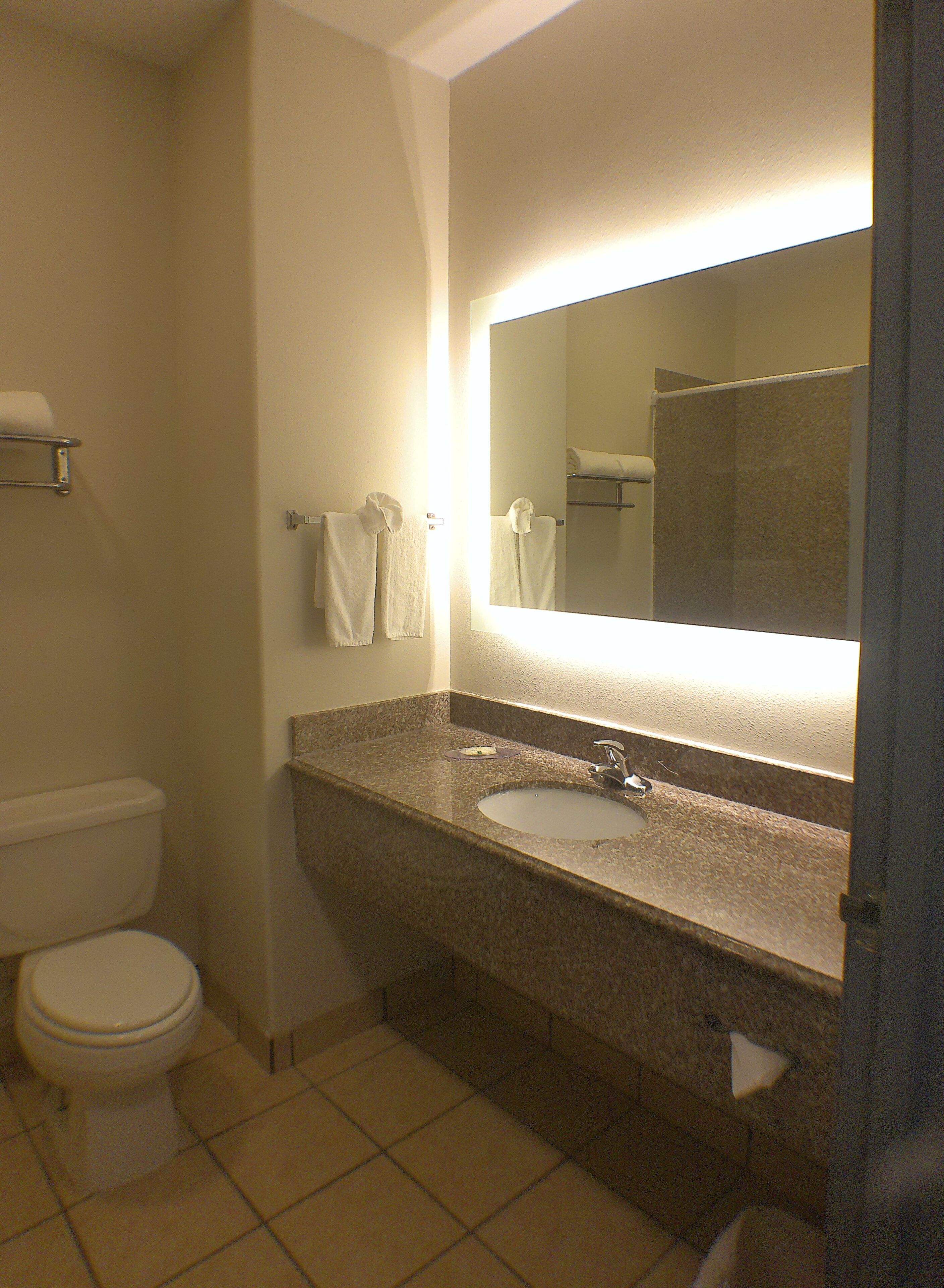 A bathroom with a toilet, sink, and mirror.