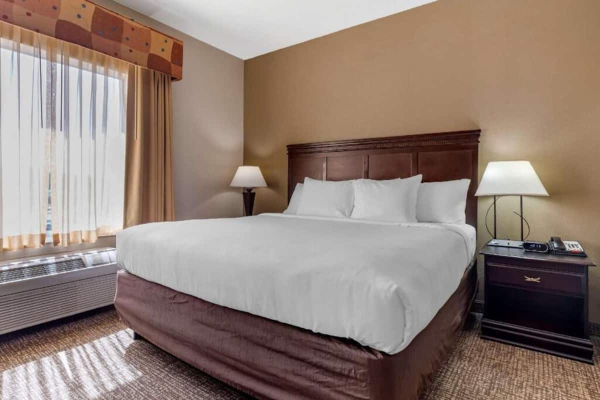A hotel room with a large bed, two bedside lamps, a nightstand, and a window with curtains.