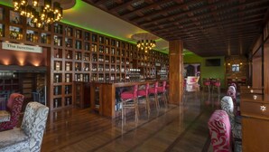 A bar area with wooden shelves stocked with bottles, a bar counter with taps, and red upholstered chairs.