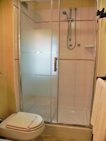 Un baño con ducha envuelta en vidrio, un inodoro y un perchero para toallas.