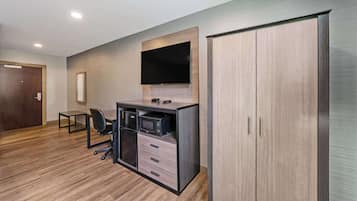 Desk, laptop workspace, blackout curtains, iron/ironing board