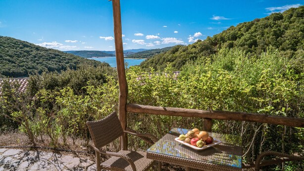 Une terrasse meublée de mobilier en osier, avec une table où sont disposés des fruits, et qui offre une vue sur une vallée verdoyante et un plan d’eau.