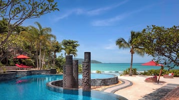 Outdoor pool, pool umbrellas, pool loungers