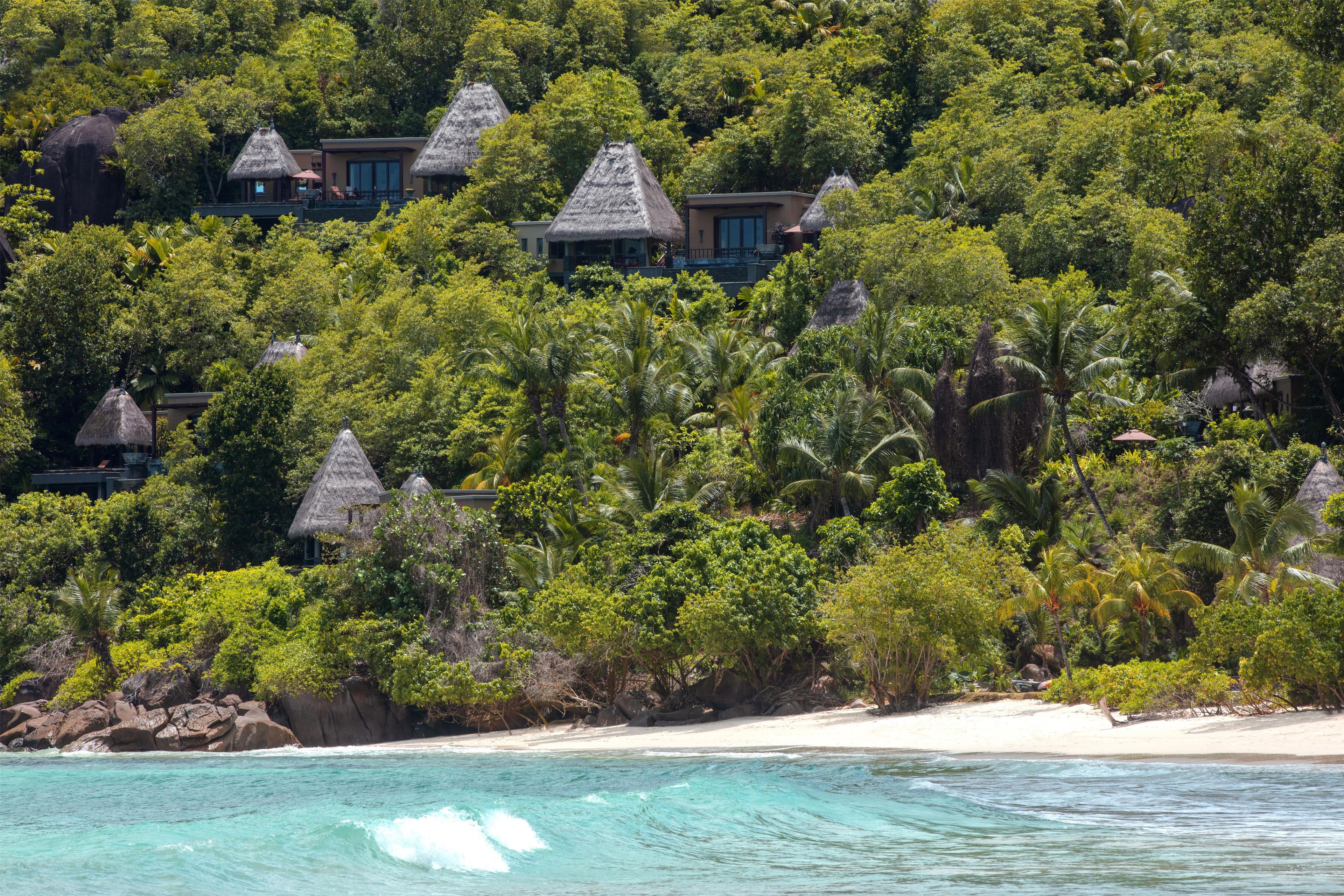 A tropical resort with thatched-roof villas surrounded by dense greenery and a sandy beach.
