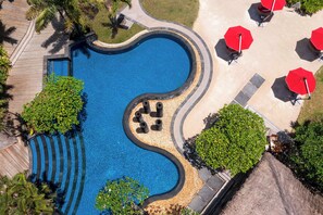 Outdoor pool, pool umbrellas, pool loungers