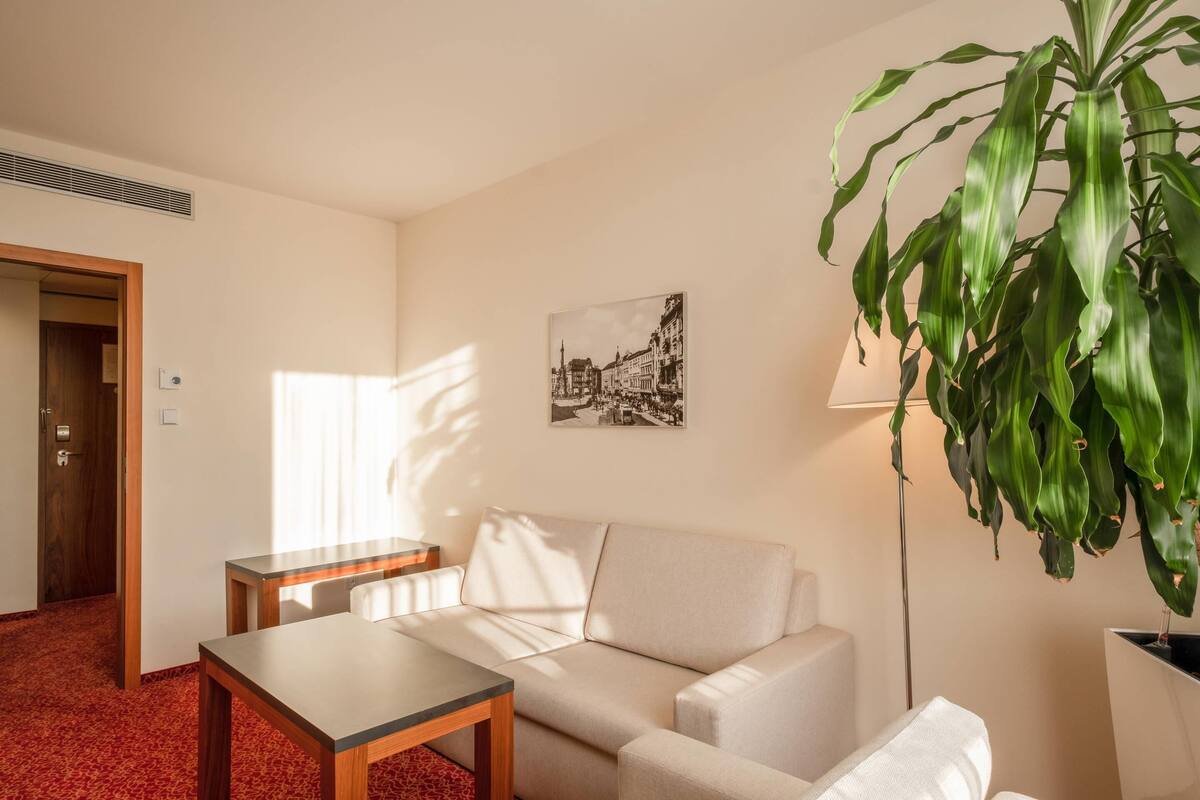 Quarto com sofá, mesa, planta e um quadro na parede.