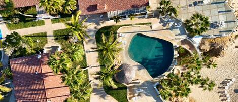 Vista aérea de un resort con piscina, palmeras y una zona de playa.