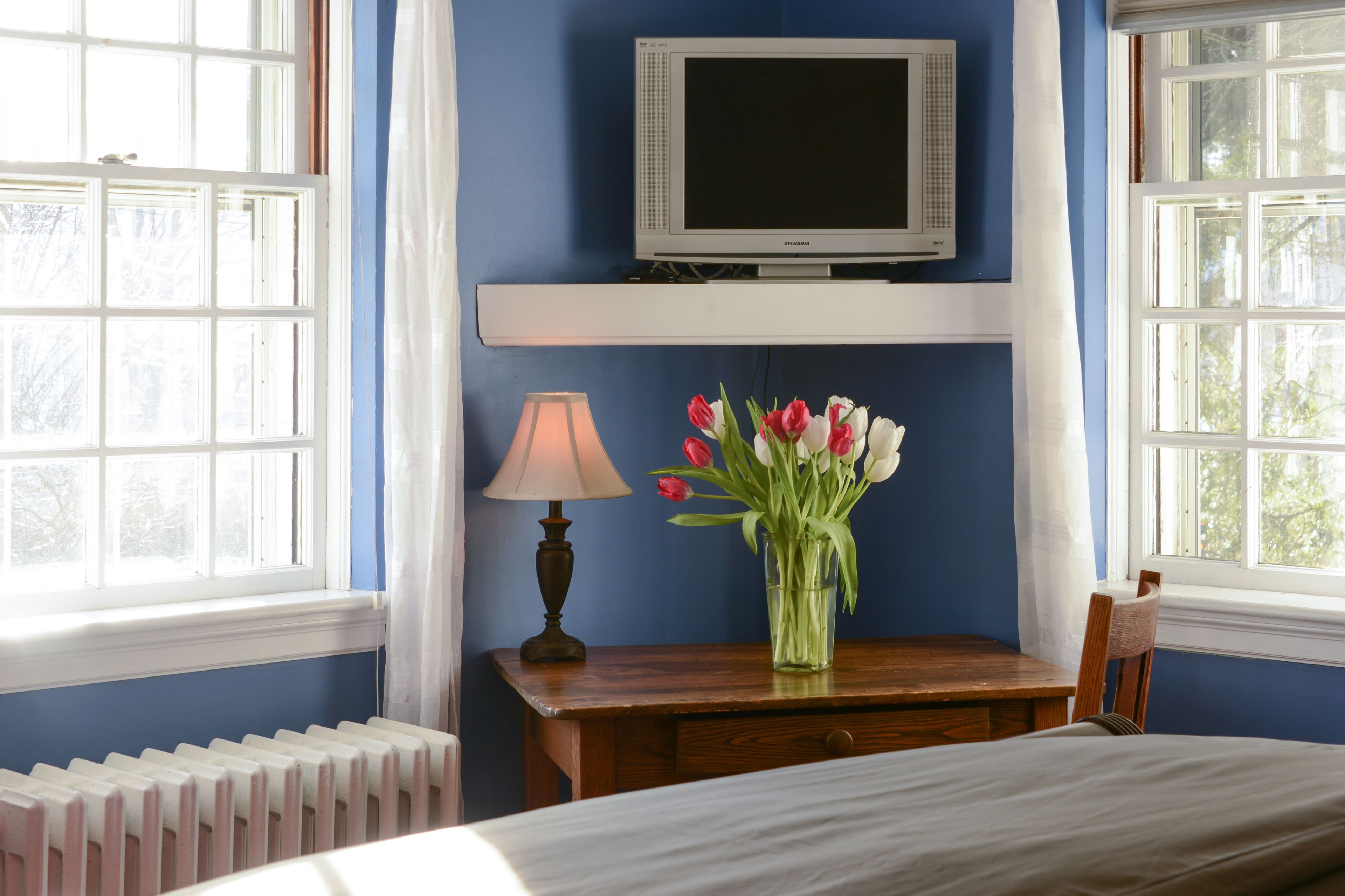 A bedroom with a bed, a TV on a stand, a desk with a lamp and a vase of flowers, and a window with curtains.