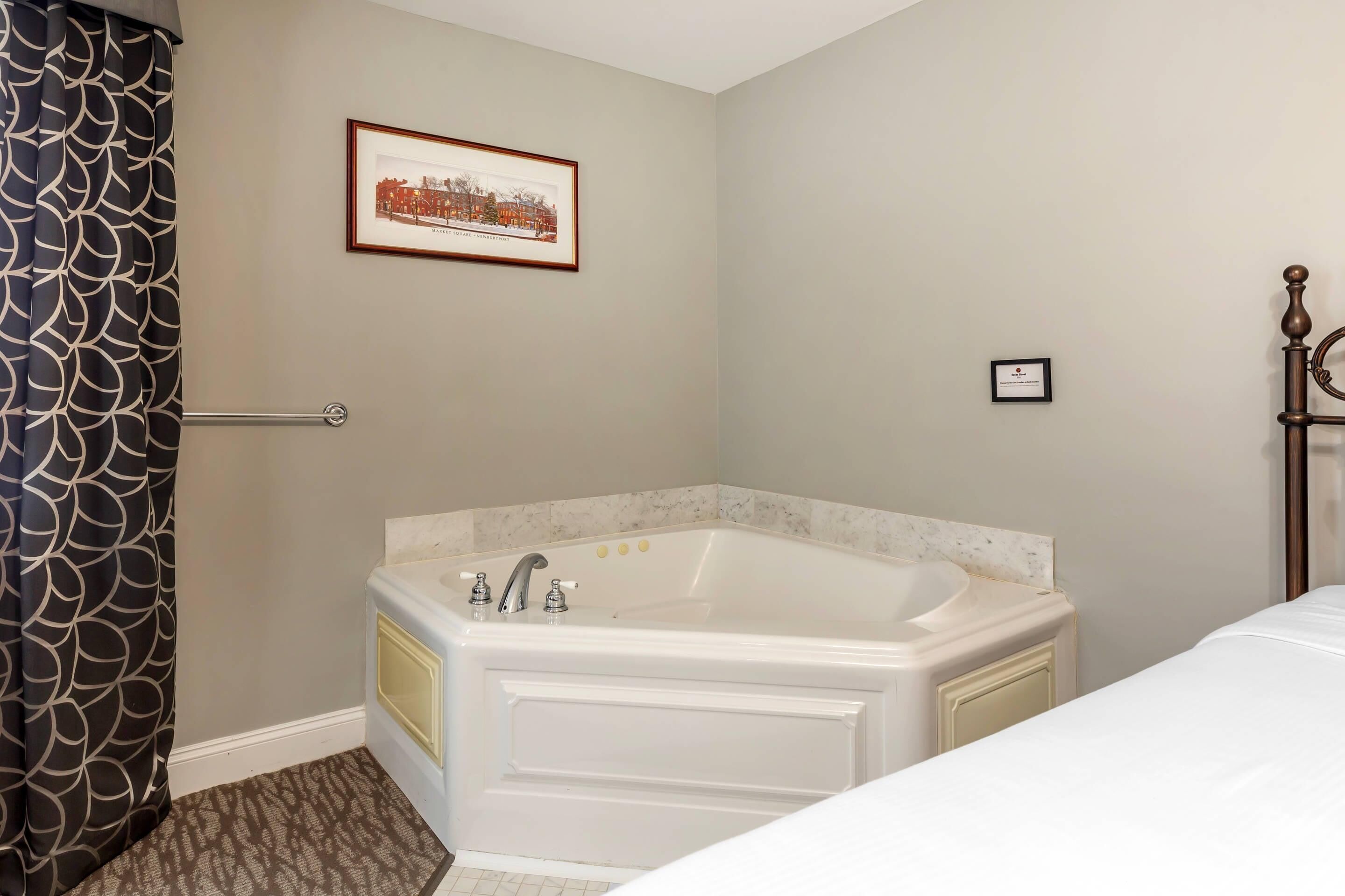 A bathroom with a large bathtub, a framed picture on the wall, and a bed.