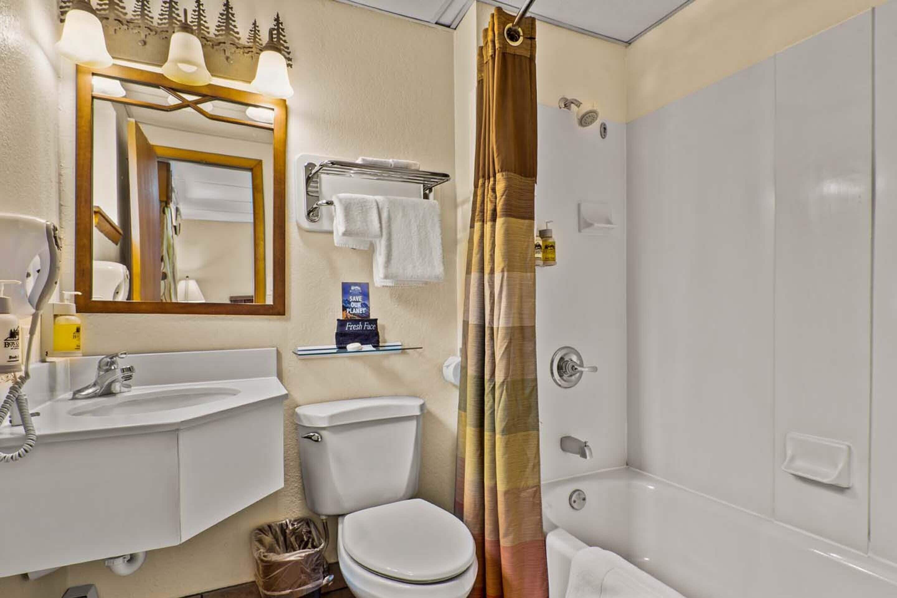 A bathroom with a sink, toilet, and shower. There is a mirror above the sink and a towel rack.