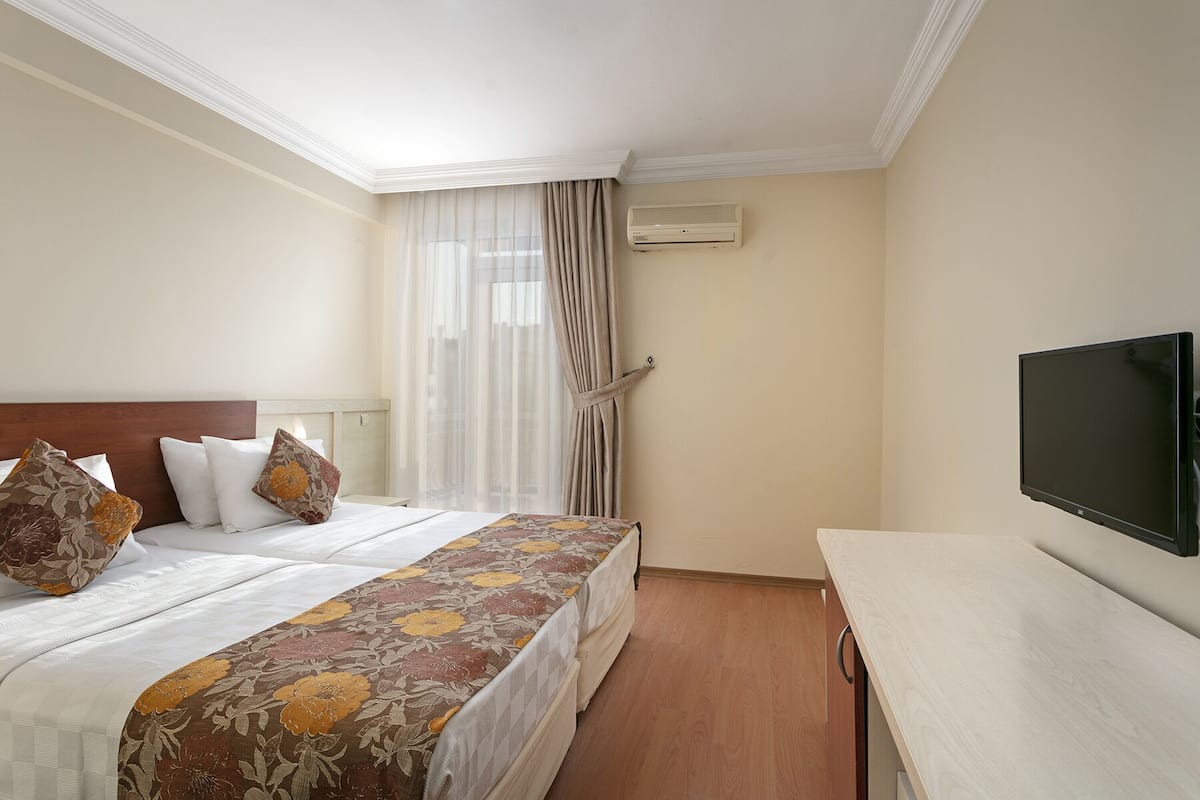 Une chambre d’hôtel avec un lit, une télévision et une fenêtre avec des rideaux.