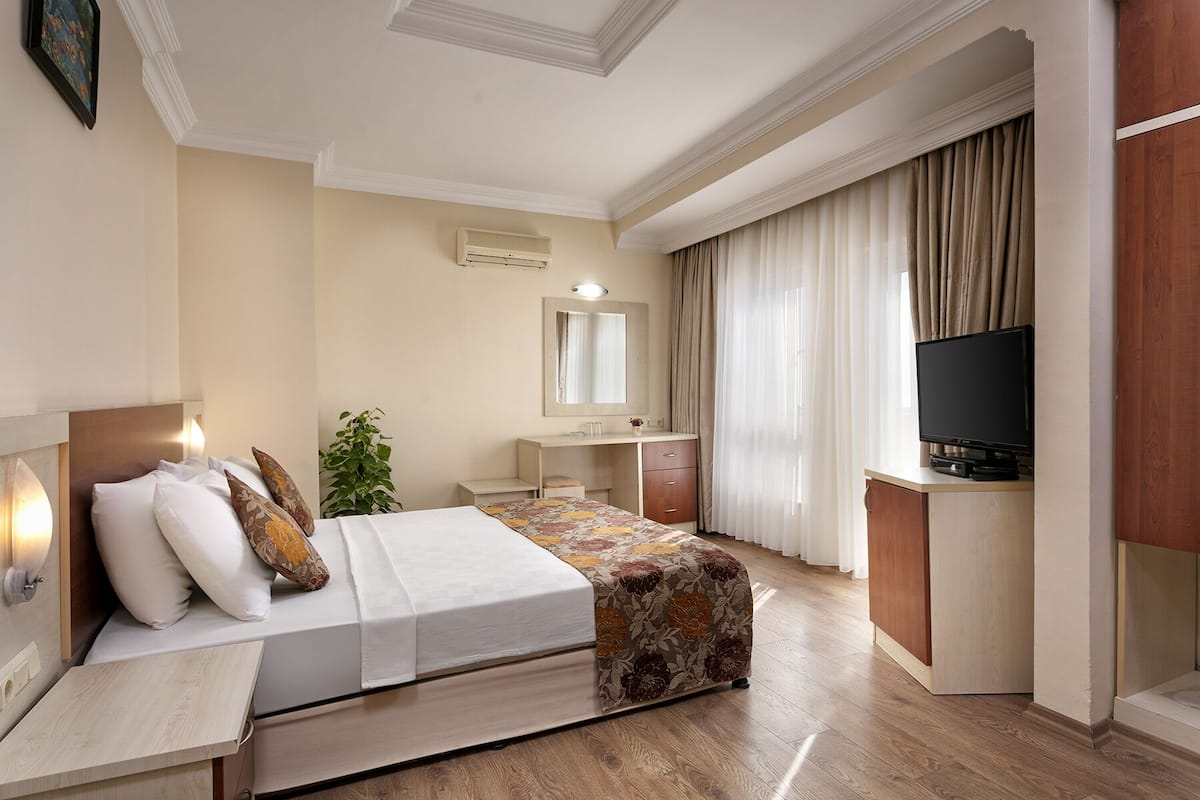 Une chambre d’hôtel comprenant un lit, une table de chevet, une télévision, un bureau et un miroir.