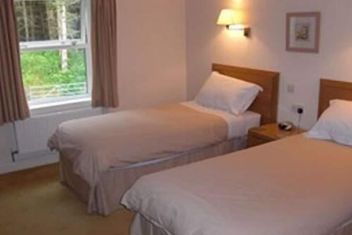 Een kamer met twee éénpersoonsbedden, een nachtkastje, een lamp en een raam met gordijnen.