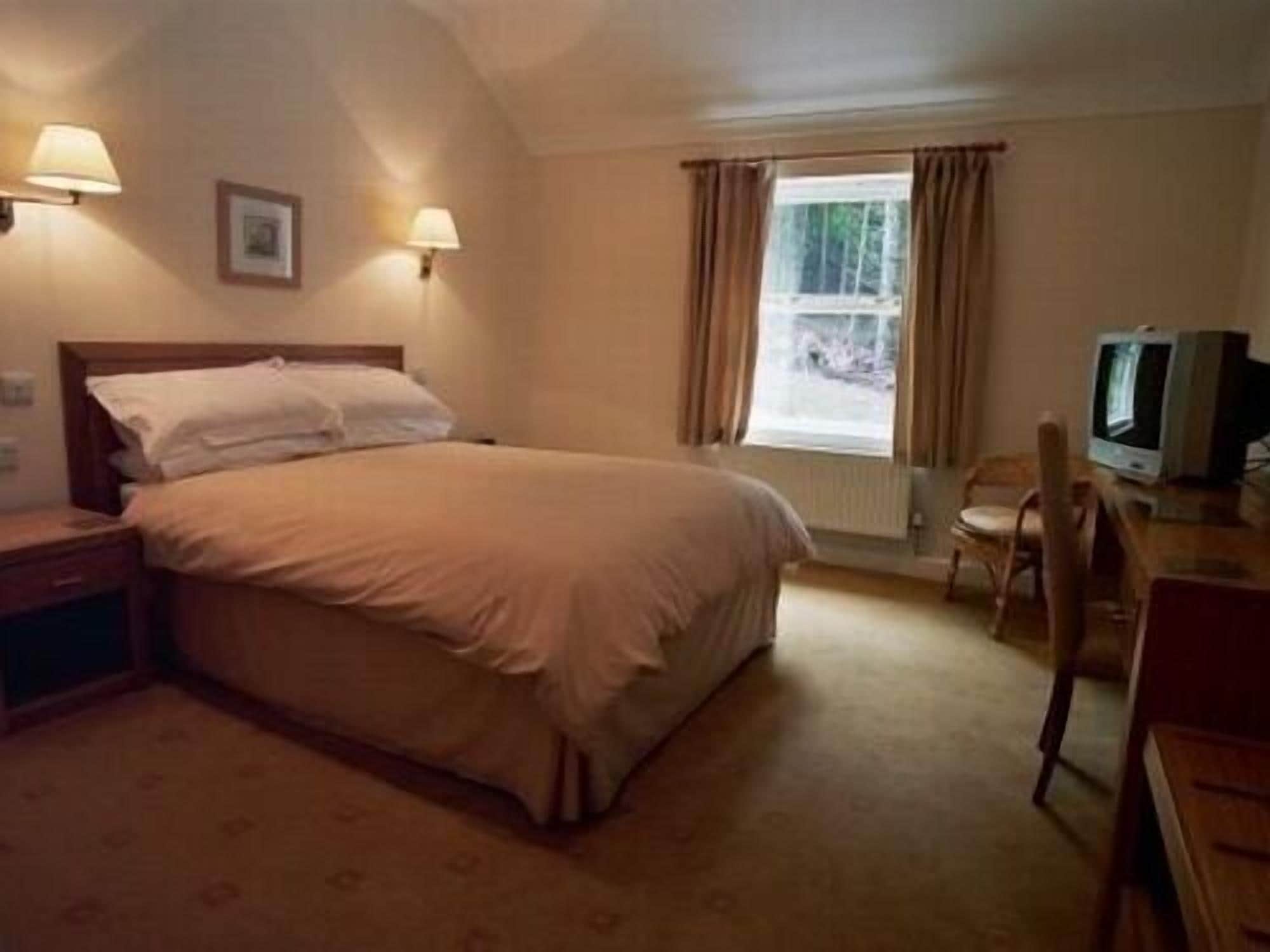 A bedroom with a bed, bedside lamps, a television, and a window with curtains.