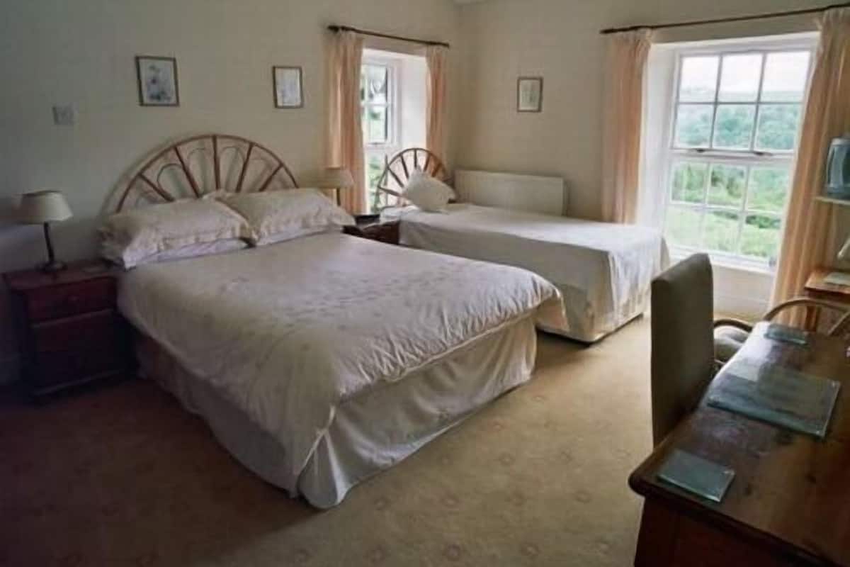 Een slaapkamer met twee enkele bedden, een houten nachtkastje met een lamp, een houten bureau met een stoel en een raam met gordijnen.