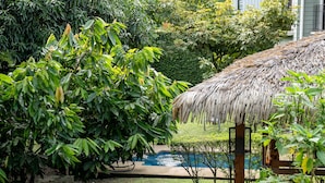 A lush garden with a thatched-roof structure, a swimming pool, and a house in the background. - Hotel Villa Los Candiles (Santa Ana)