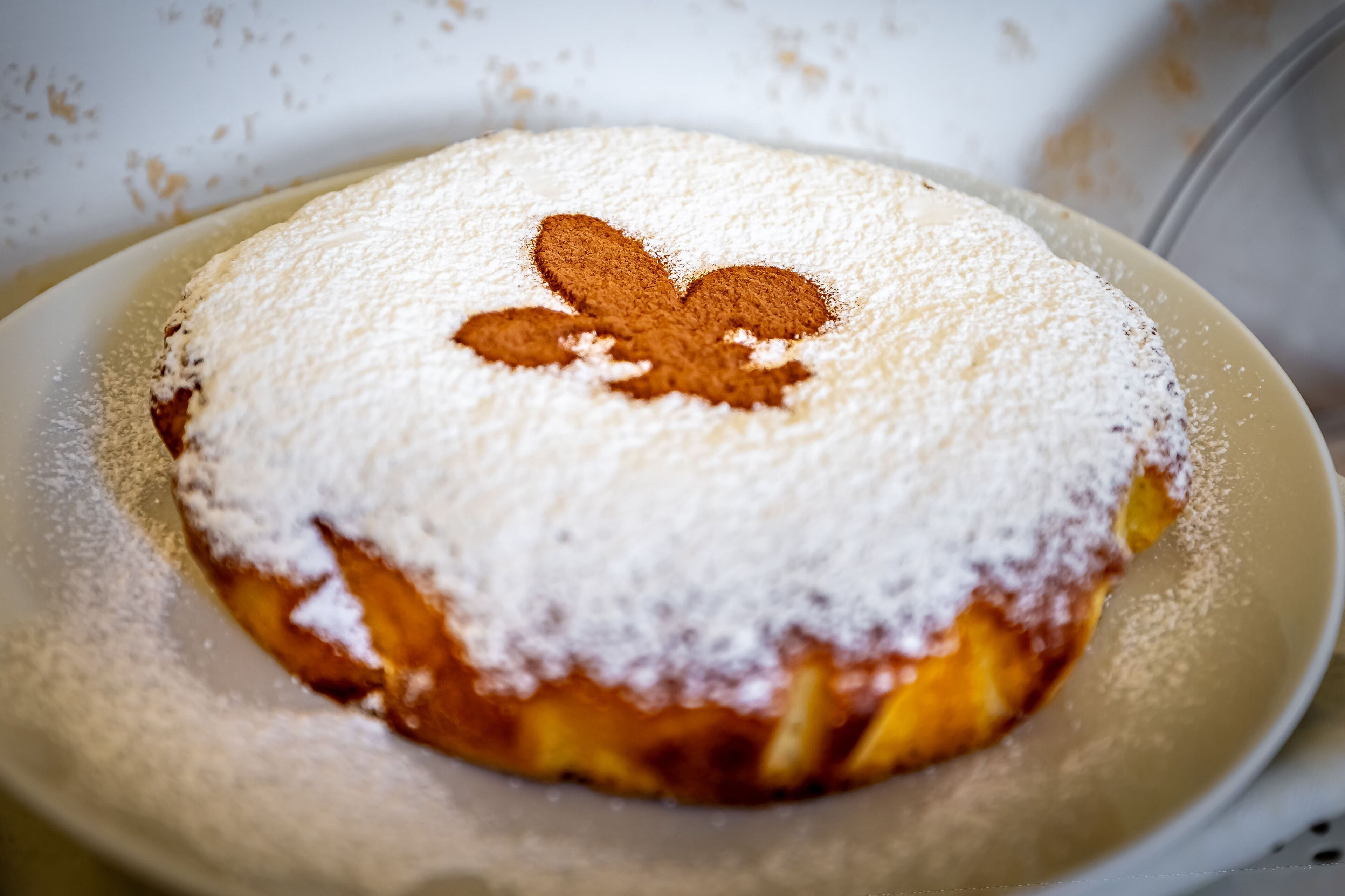 Ein Kuchen mit Puderzucker und einer blattförmigen Dekoration.
