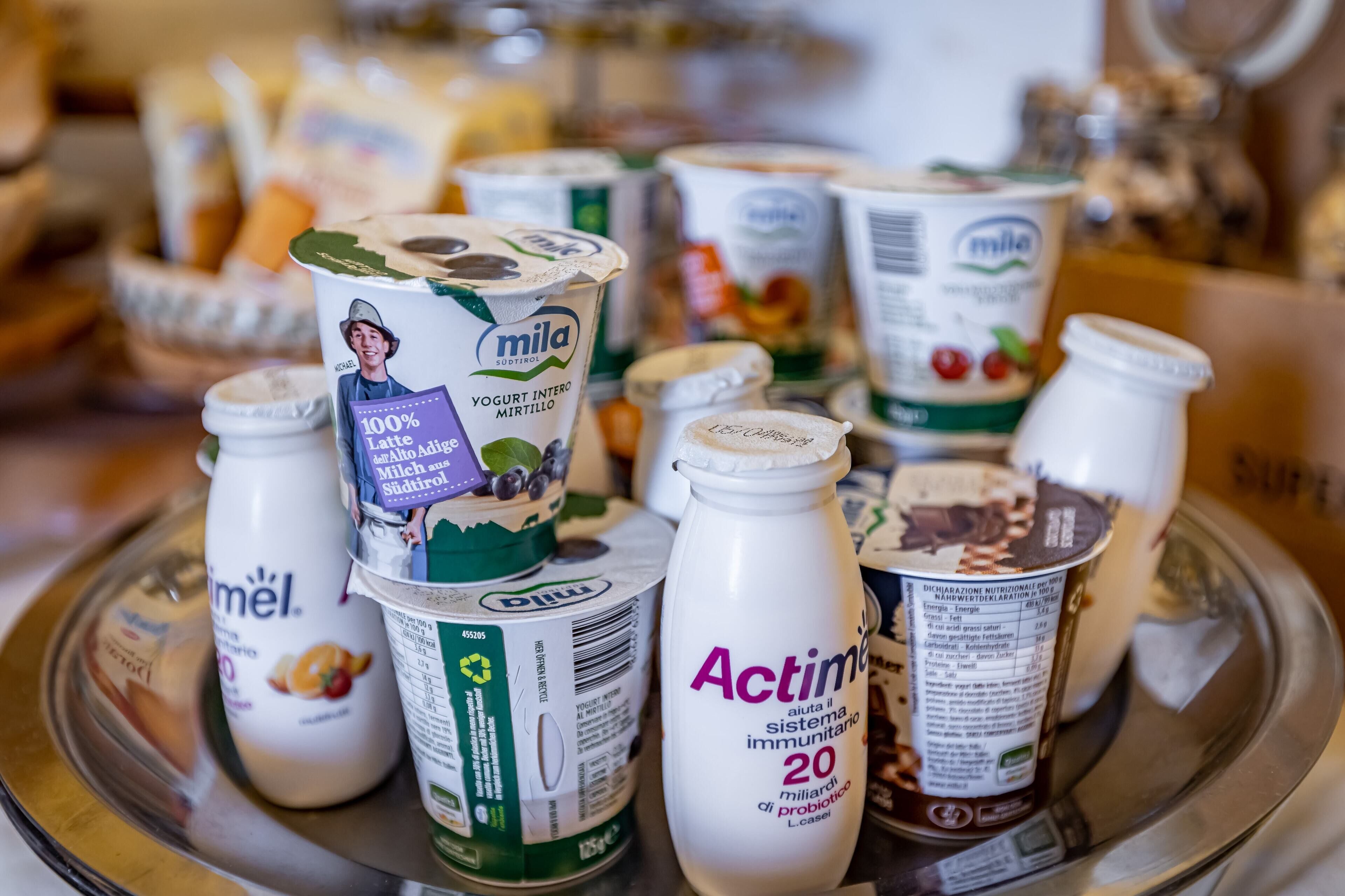 Un assortiment de produits laitiers, notamment du yaourt et du lait, présentés sur un plateau.