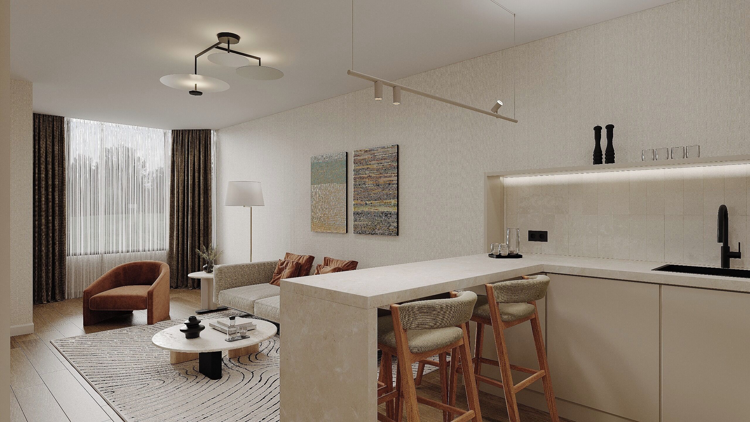 A modern hotel room with a living area, a dining table with bar stools, a kitchen with a sink, and a large window with curtains.