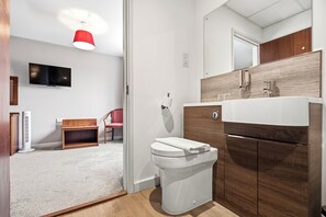 Combined shower/tub, hair dryer, towels