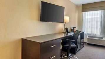 Desk, laptop workspace, blackout curtains, iron/ironing board