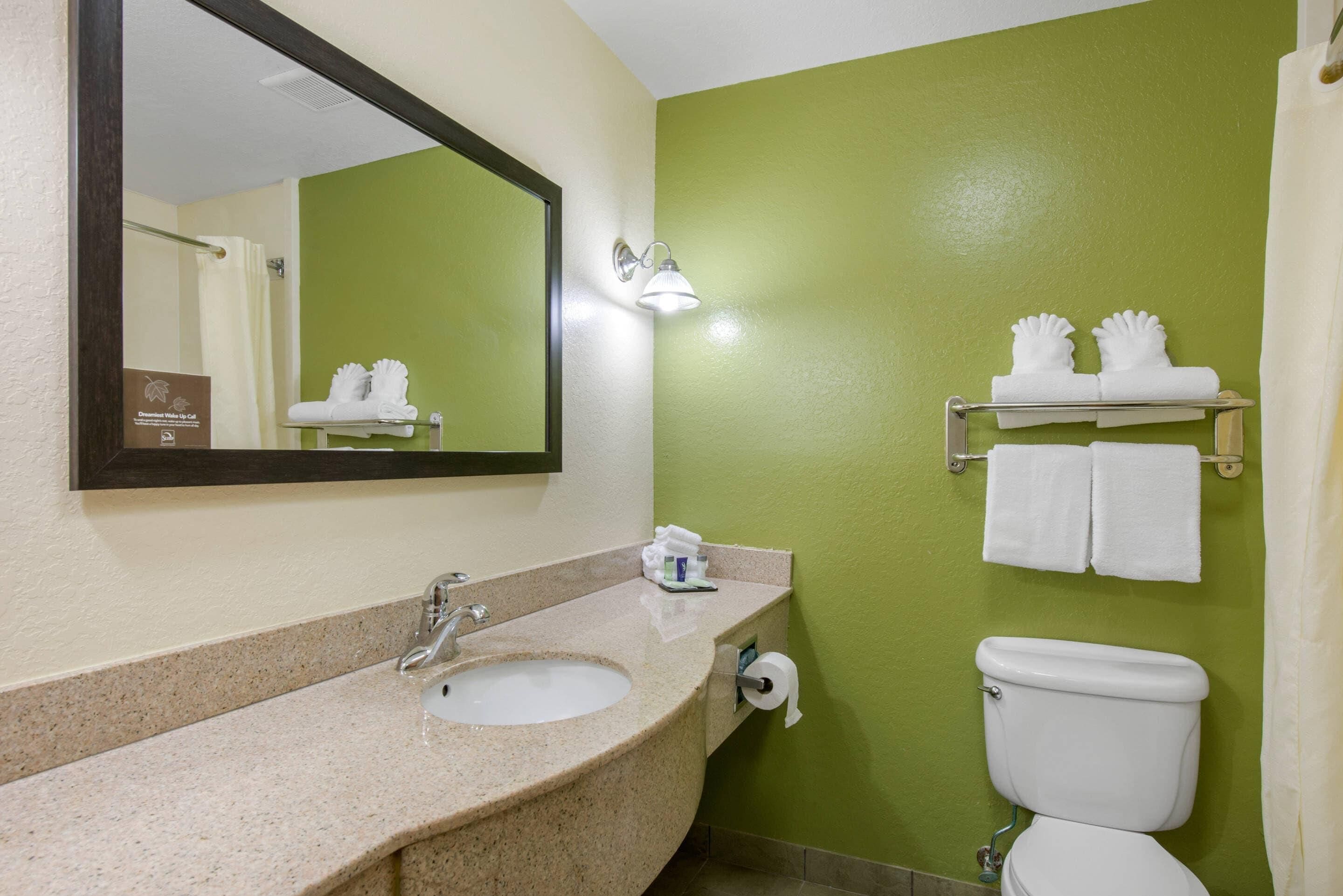 A bathroom with a sink, mirror, toilet, and towel rack.