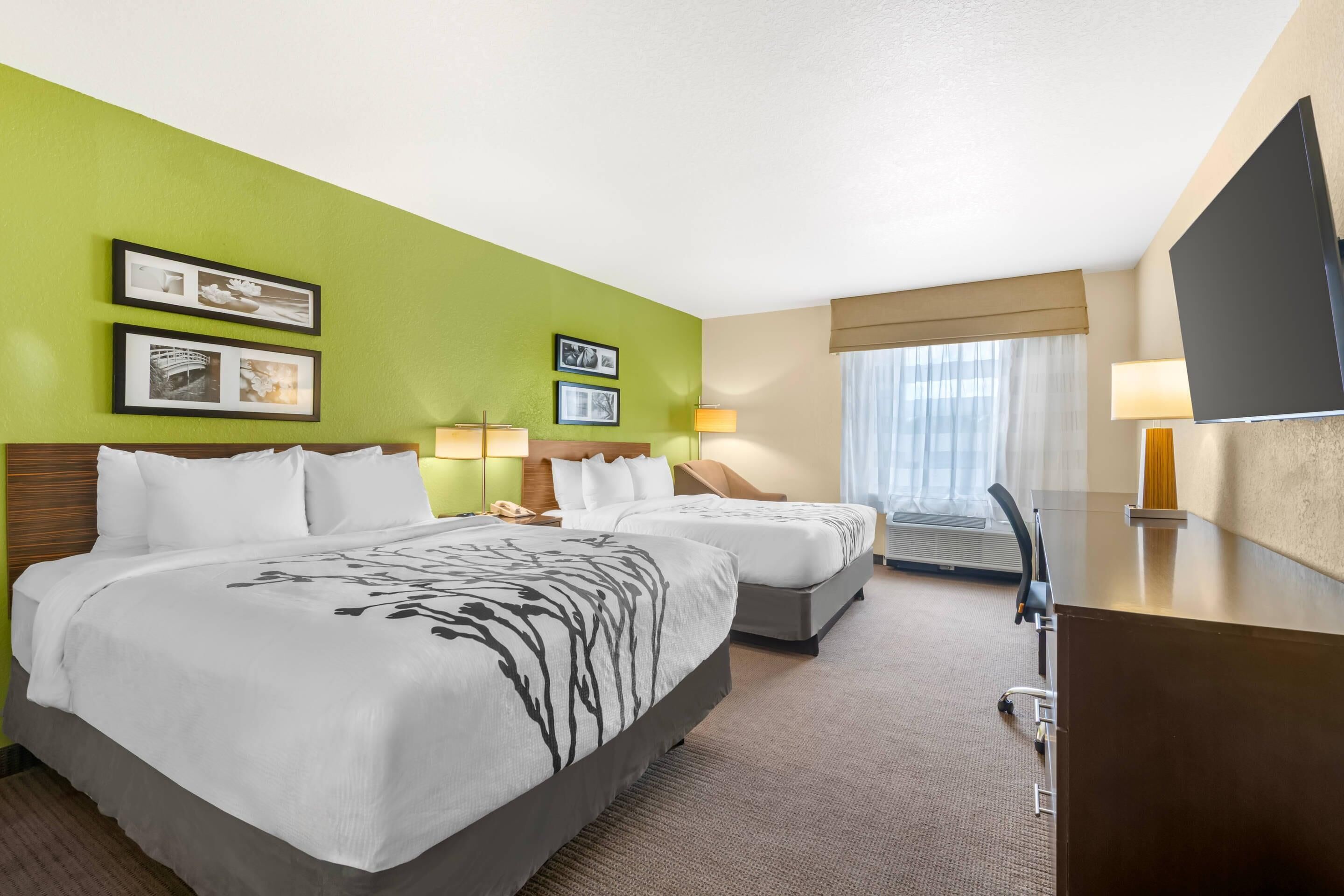 A hotel room with two beds, a desk, and a TV. There are framed pictures on the wall and a window with curtains.