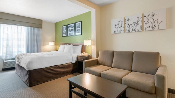 Une chambre d’hôtel comprenant un lit, un canapé, une table basse et des œuvres d’art murales.