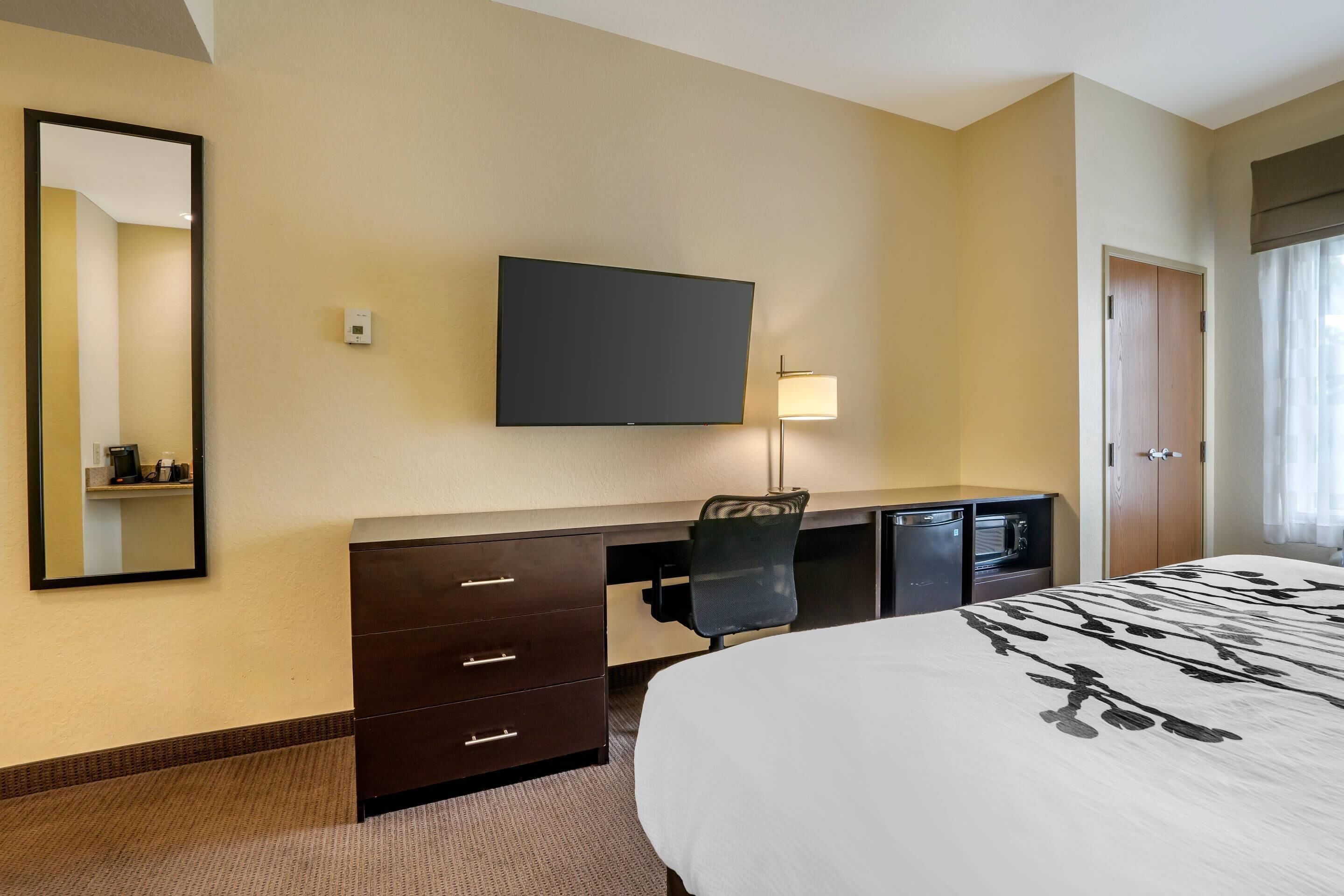 Habitación de hotel con cama, escritorio con cajones, silla, televisor de pantalla plana montado en la pared, lámpara y puerta.