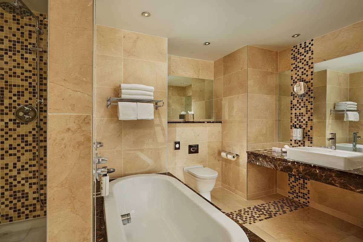 combined shower/bathtub, hair dryer, towels