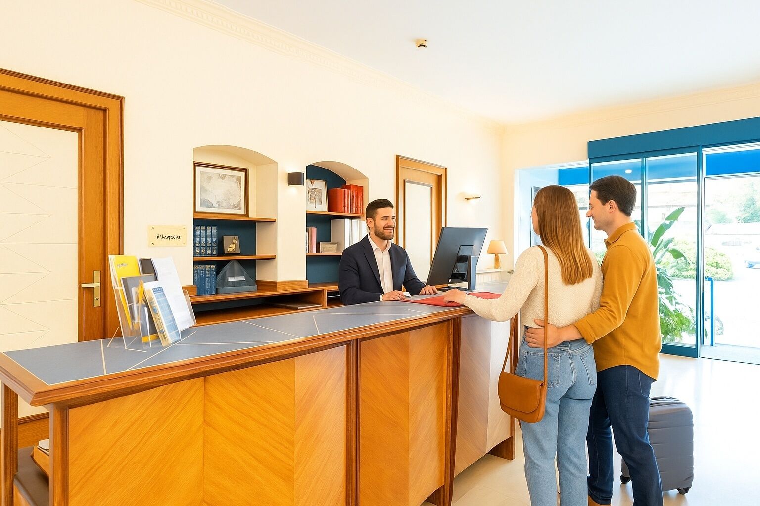Una recepción con una recepcionista, un hombre y una mujer de pie frente a ella.